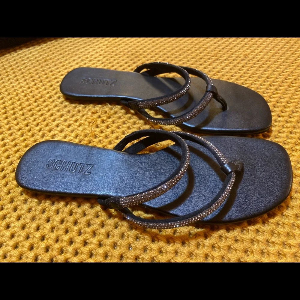 SCHUTZ Black Sandals with Gold Accents - Picture 3 of 4